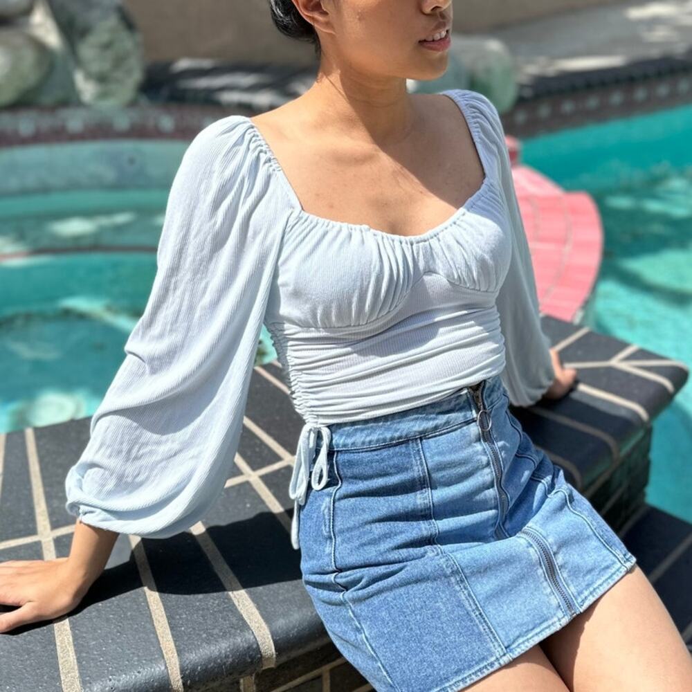Europa light baby blue ribbed long sleeve bustier side tie ruched milkmaid top